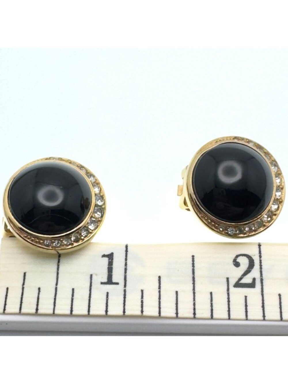 Authentic Dior Vtg 80s Black Onyx-Style Halo Clip-On Gold-Tone Crystal Earrings - Picture 6 of 11